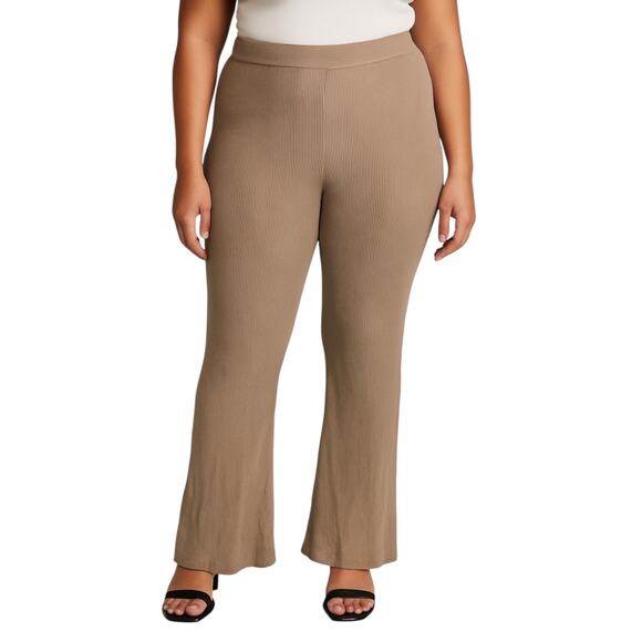 Song Of Style Tan Rib Knit High Waist Flared Bootcut Trousers Leggings Pants XL - Picture 1 of 7
